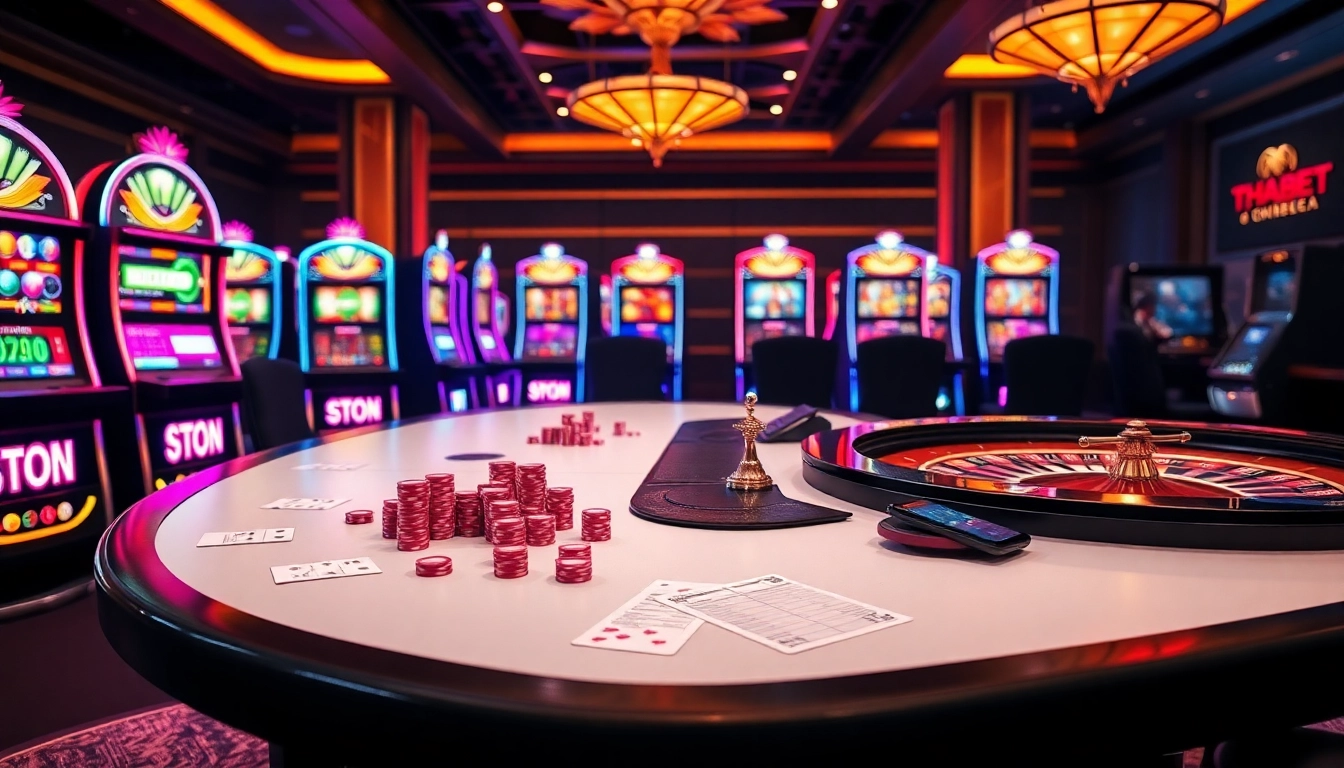 Experience the thrill of gaming with thabet.com at a luxurious casino featuring vibrant slot machines and poker tables.
