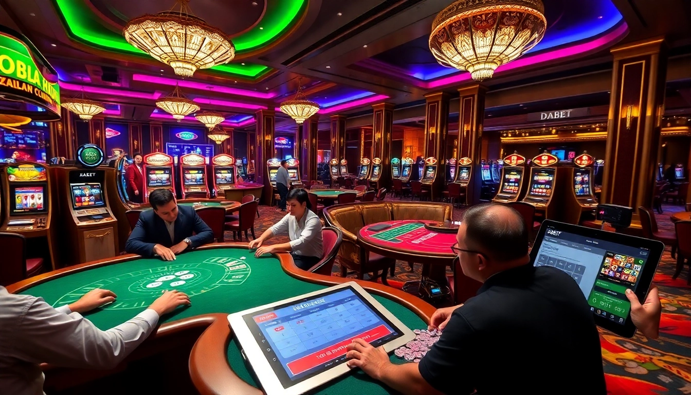 Experience thrilling gameplay at DABET's casino tables with vibrant slots, poker chips, and a luxe atmosphere.