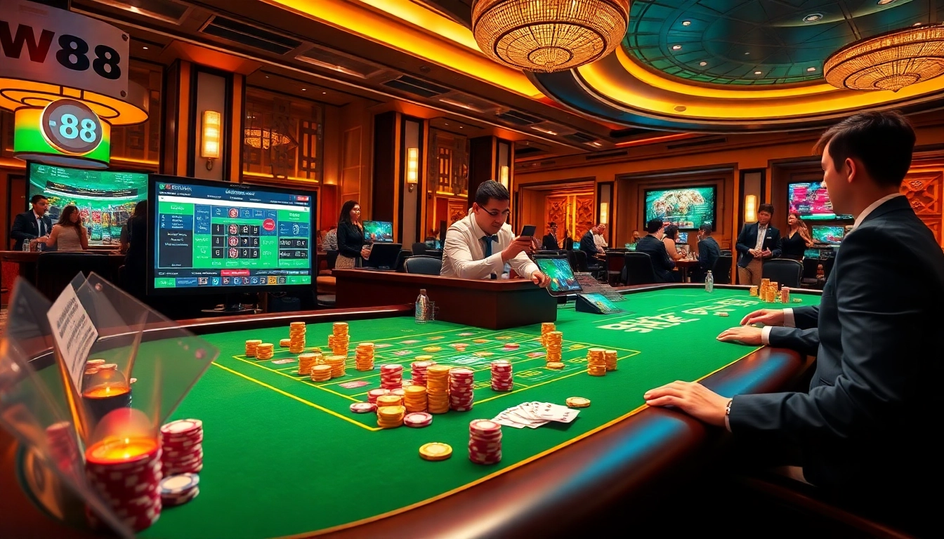 W88 online gambling scene featuring casino tables, colorful chips, and engaging gameplay.