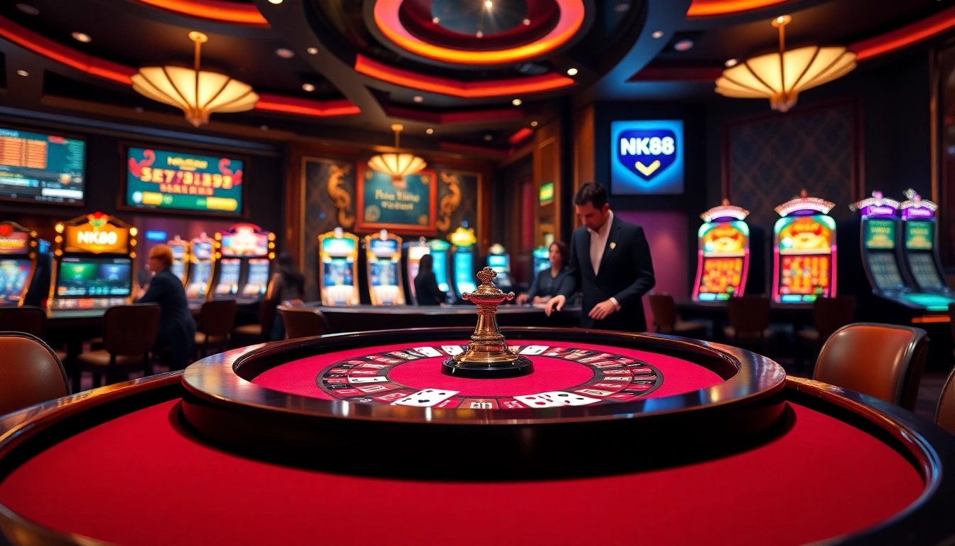 Nk88 players engaged at an elegant casino table surrounded by vibrant slot machines.