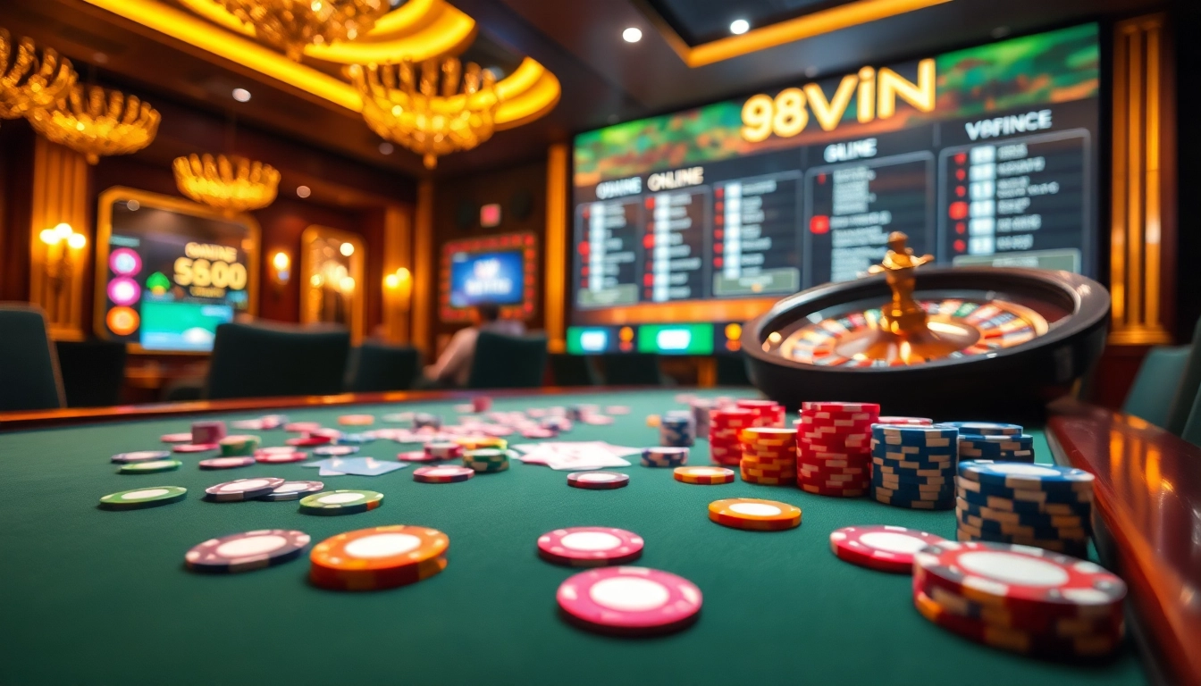 Experience the thrill of 98WIN with a luxurious casino atmosphere featuring poker tables, roulette wheels, and vibrant gaming elements.