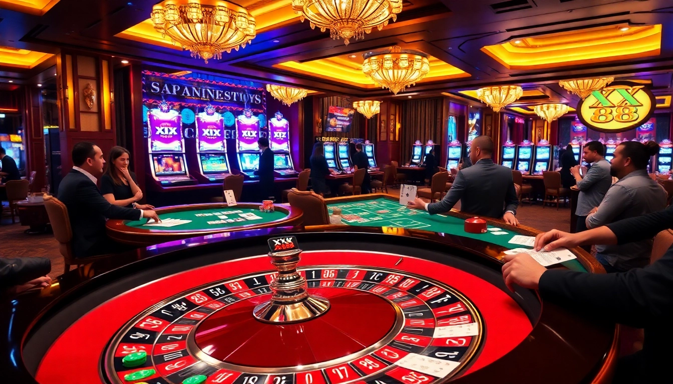 Players enjoying thrilling games at XX 88 casino with vibrant slot machines and roulette tables.