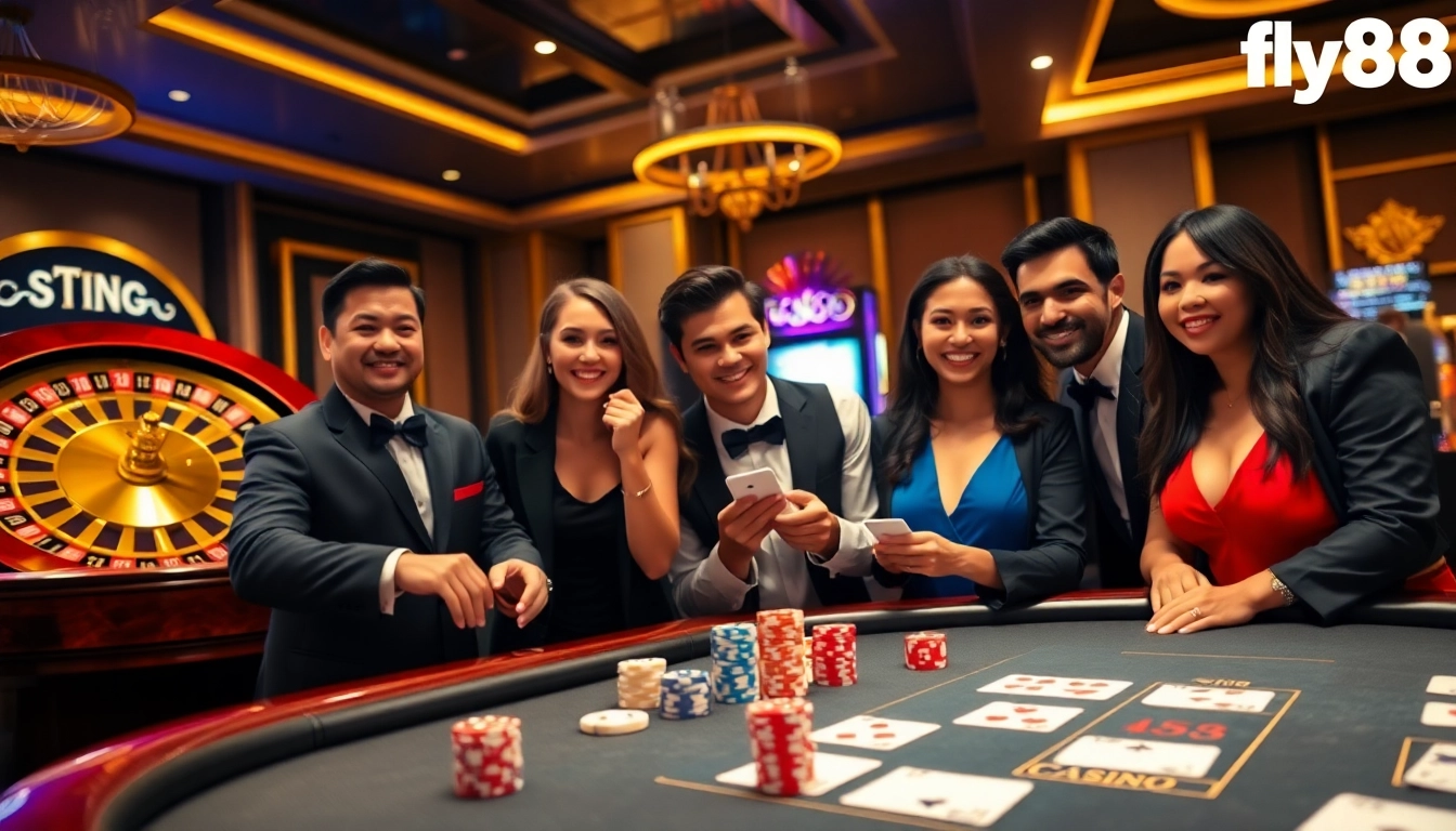 Experience the excitement of fly88 with vivid casino tables filled with poker chips and lively gameplay.