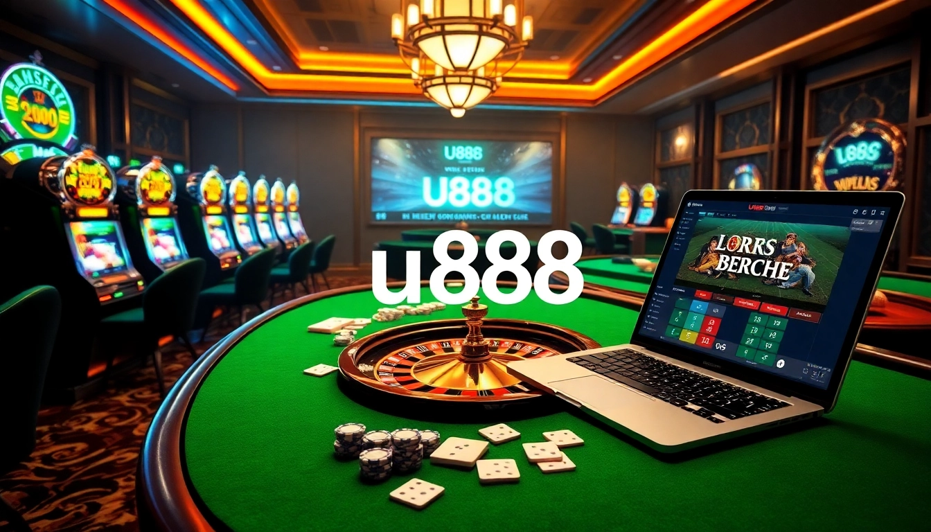 Exciting online gaming scene showcasing u888 Casino with vibrant slot machines and elegant casino tables.