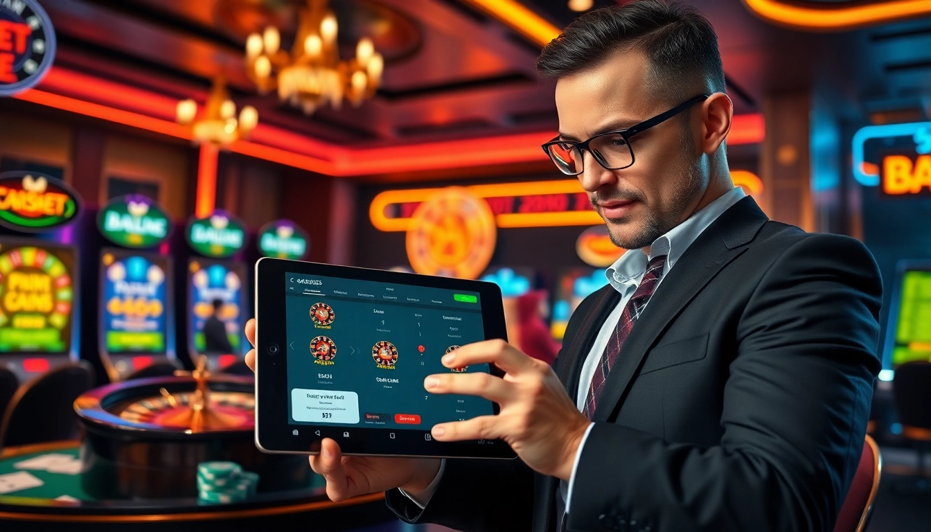 A professional gambler navigating the 8kbet đăng nhập online casino interface, surrounded by vibrant slot machines and poker chips.