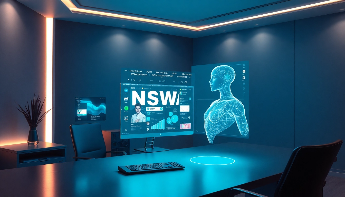 AI NSFW image generator in a futuristic workspace with digital tools.