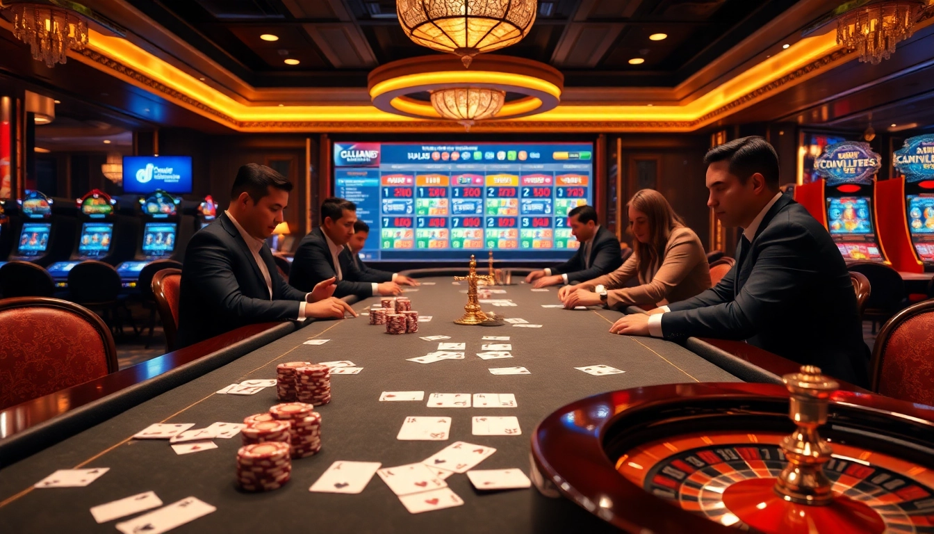 A dynamic gambling scene showcasing a poker table and slot machines, inspired by https://kjcmh.com/, reflects luxury and excitement.