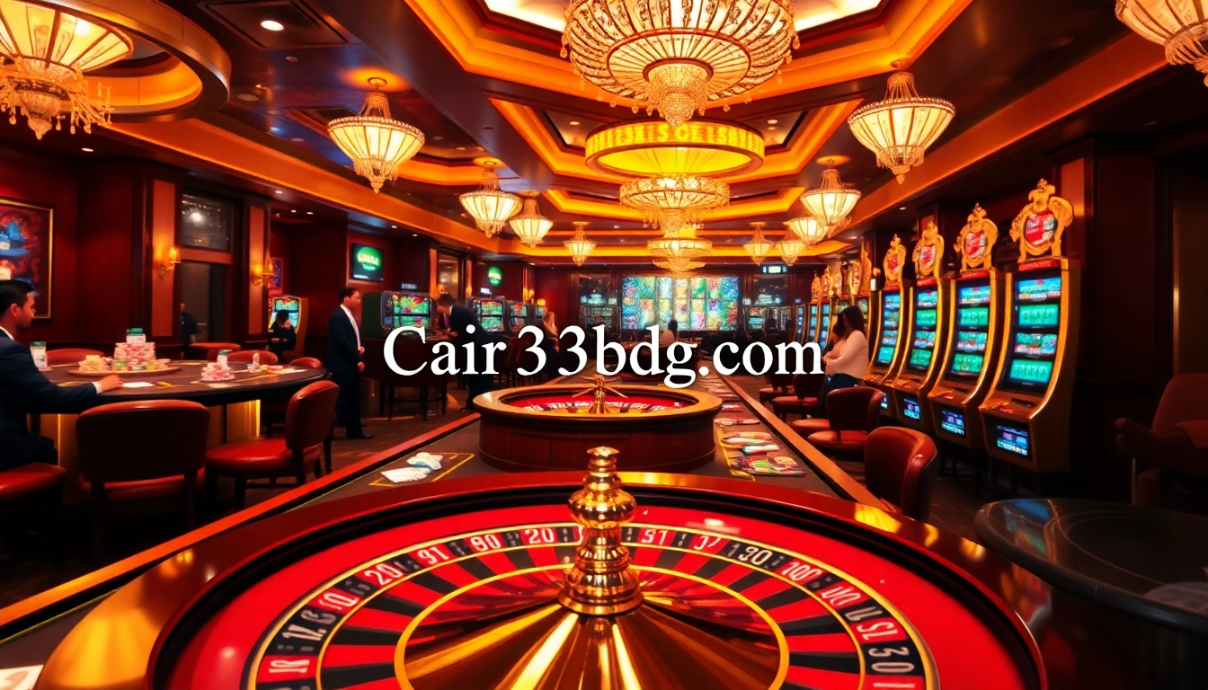 Cair33bdg com showcases an exciting casino scene with players at tables and vibrant slot machines.