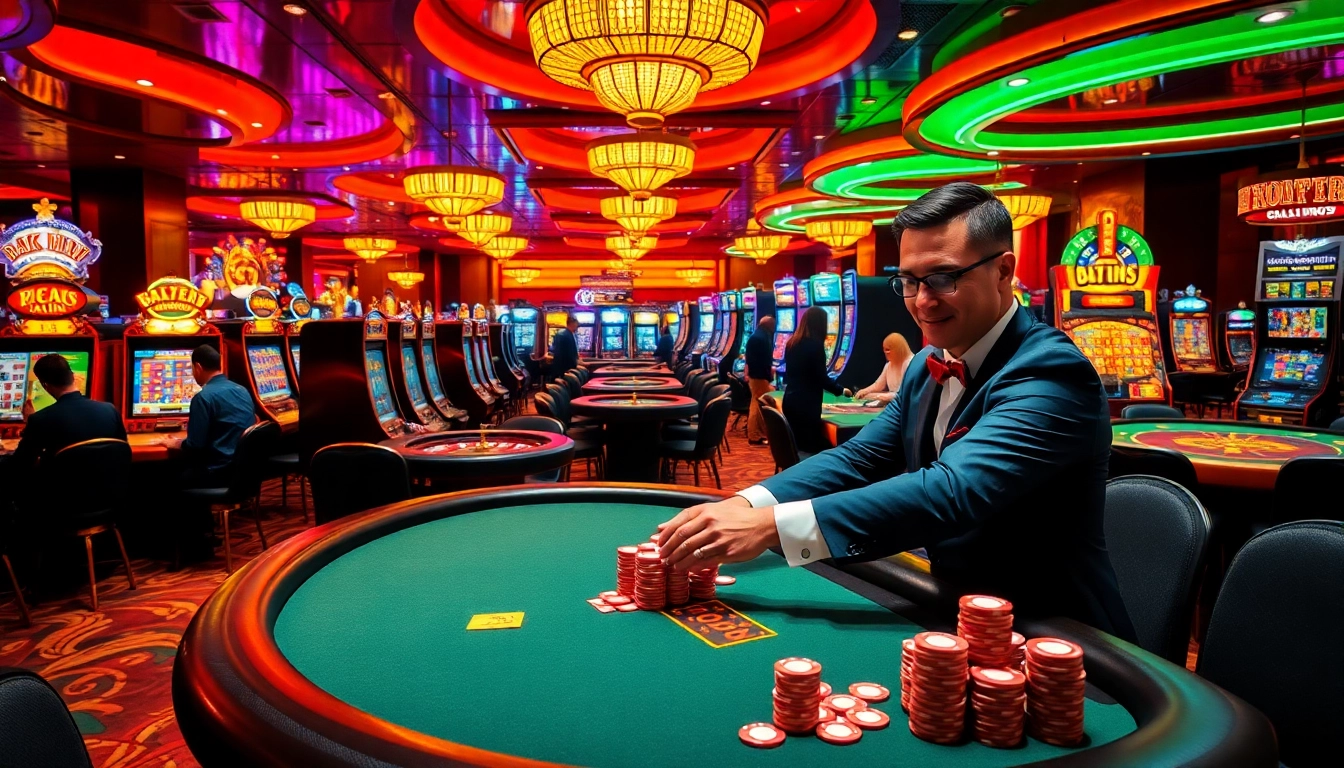 Engaging casino scene showcasing KK55 poker chips and vibrant tables in a glamorous setting.