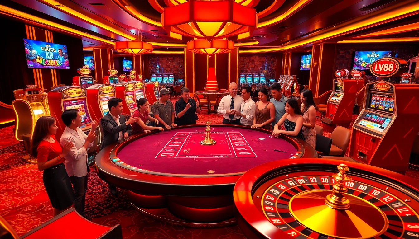 Players enjoying an LV88 gaming table in a luxurious casino setting with vibrant decor.