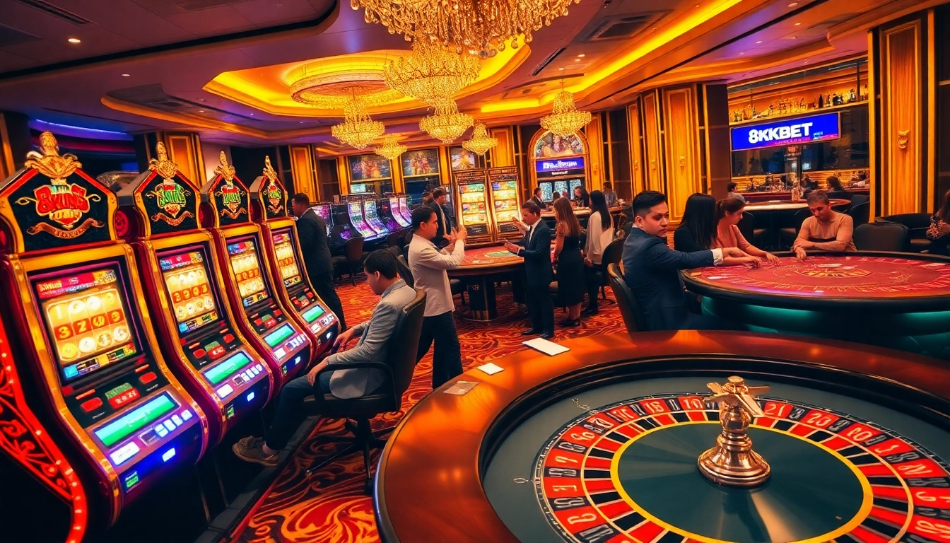 Players enjoying high-stakes games at the luxurious 8KBET casino, featuring tables, chips, and excitement.