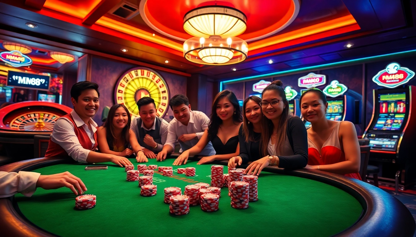 Engage with MM88's vibrant casino scene featuring poker chips and a roulette wheel.