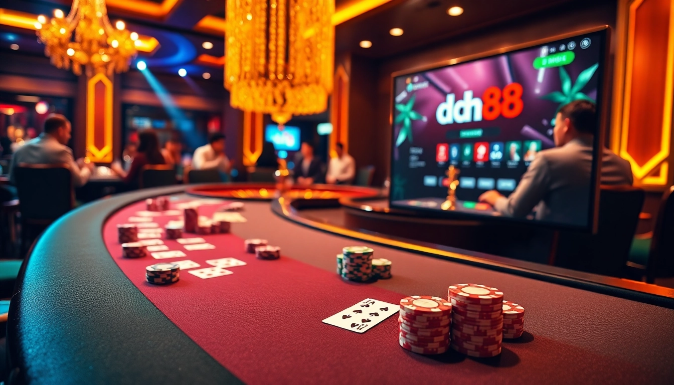 Experience excitement at dh88's premium poker table surrounded by vibrant casino atmosphere.