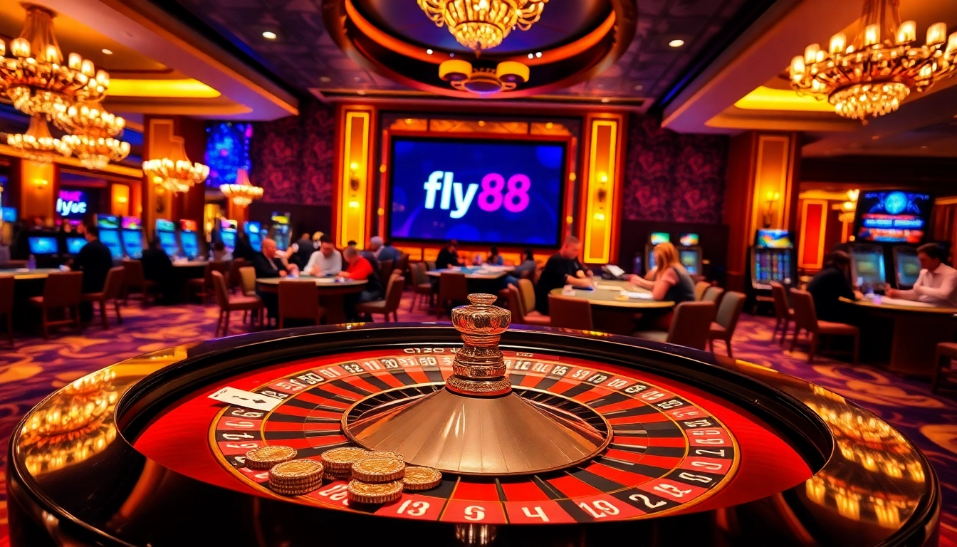 Experience thrilling moments at the fly88 casino with vibrant roulette gaming and elegant decor.