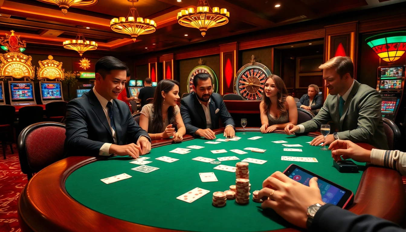 Players enjoying a thrilling poker game at nhà cái 39bet casino, with vibrant slot machines and roulette in the background.