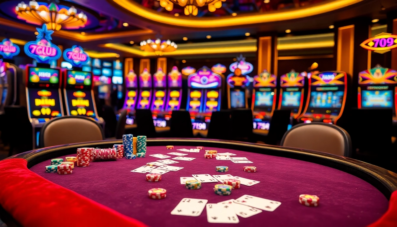 Exciting gaming action at 789club casino table with colorful poker chips and playing cards.