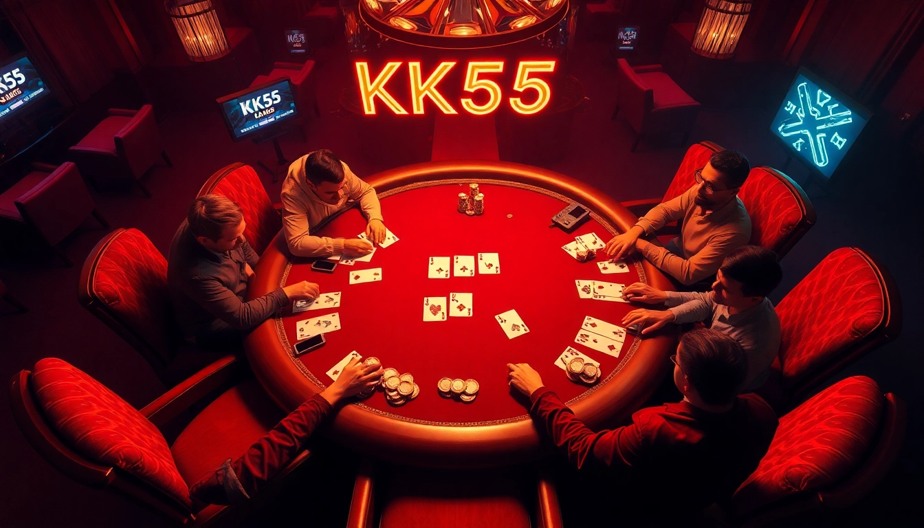 Excited players engaged at the KK55 poker table, showcasing a vibrant casino atmosphere.