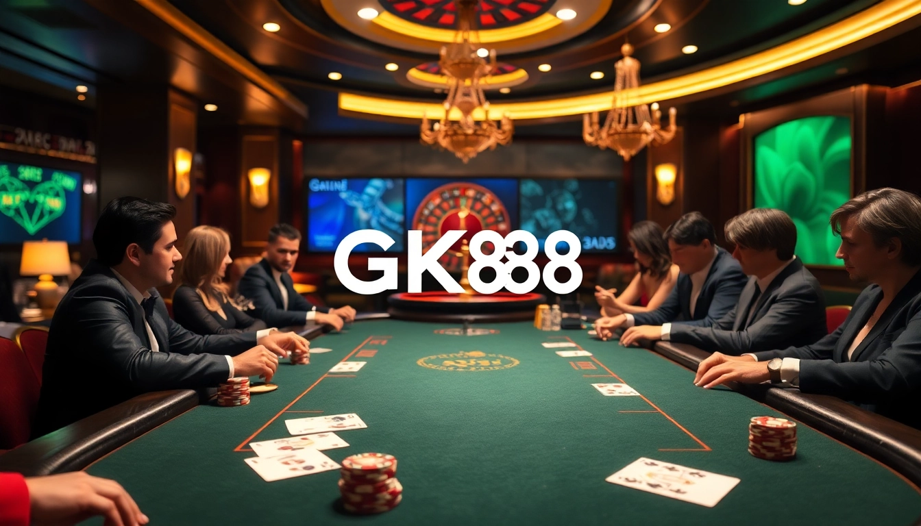 Players engaging in a high-stakes game at the GK88 casino, surrounded by vibrant poker chips and cards.