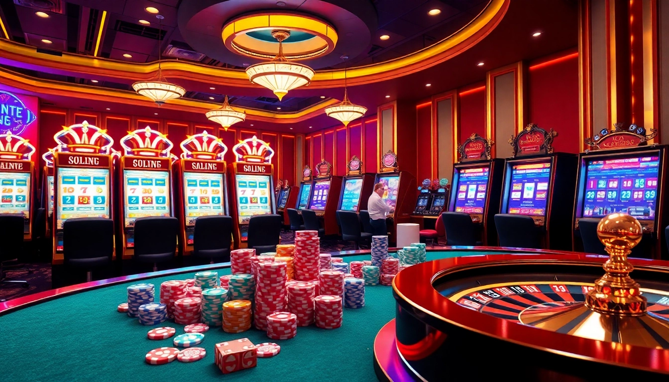 Nổ hũ excitement at a vibrant casino scene featuring colorful slot machines and chips.