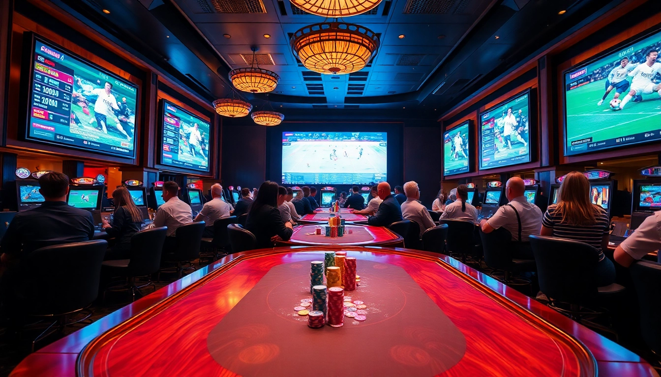 Engaged bettors reviewing kèo bóng đá odds in a vibrant casino atmosphere with live sports screens.