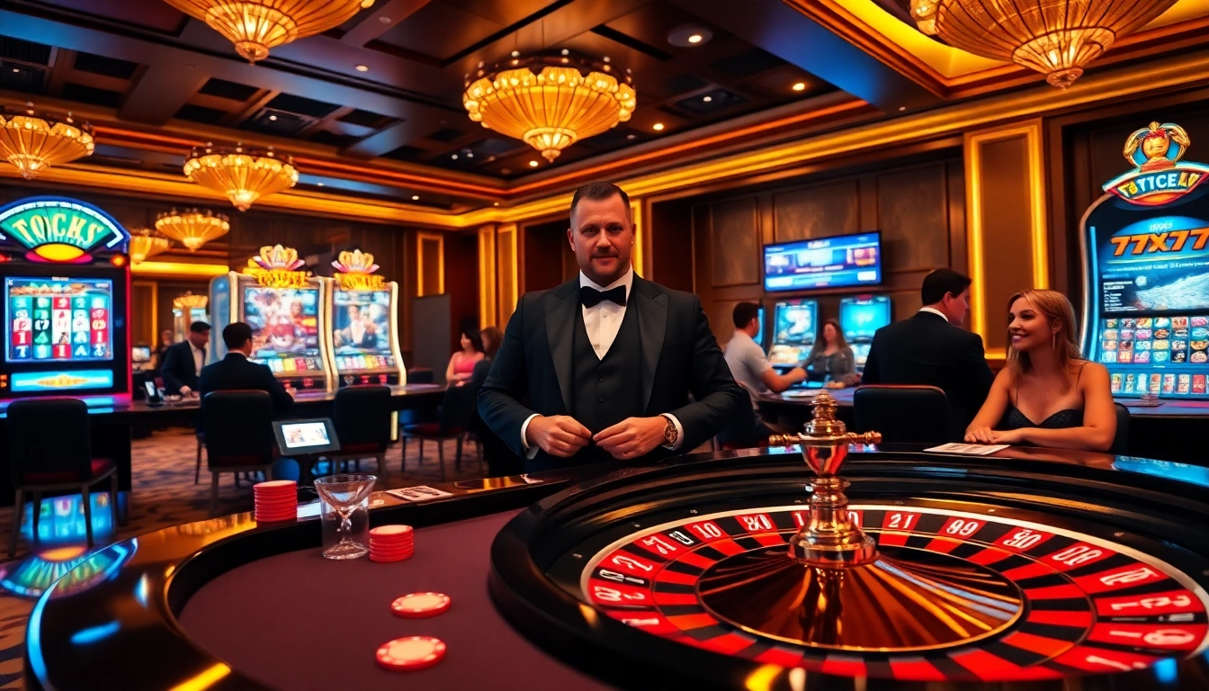 Enjoy the thrill of gaming at 7C77 casino featuring vibrant poker and roulette tables.