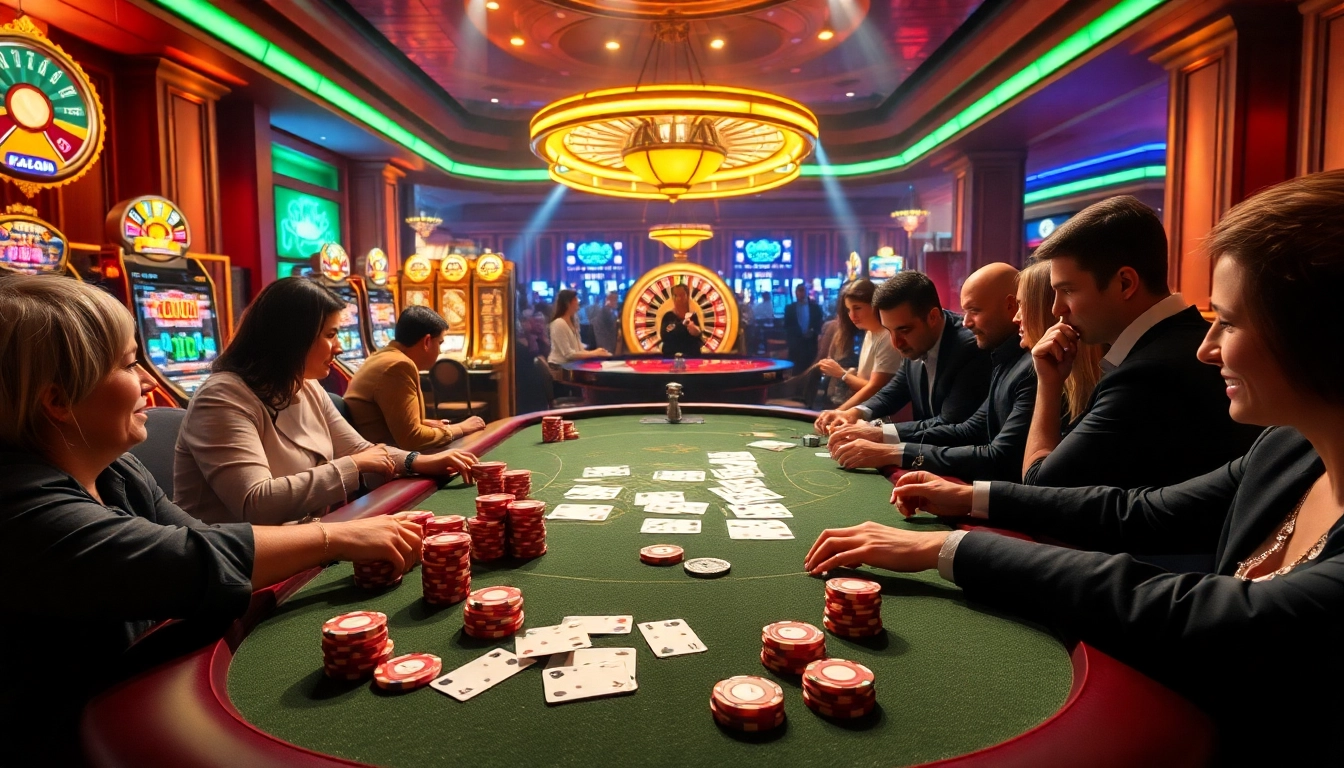 Experience thrilling gaming action at 789club with vibrant casino tables and excited players.