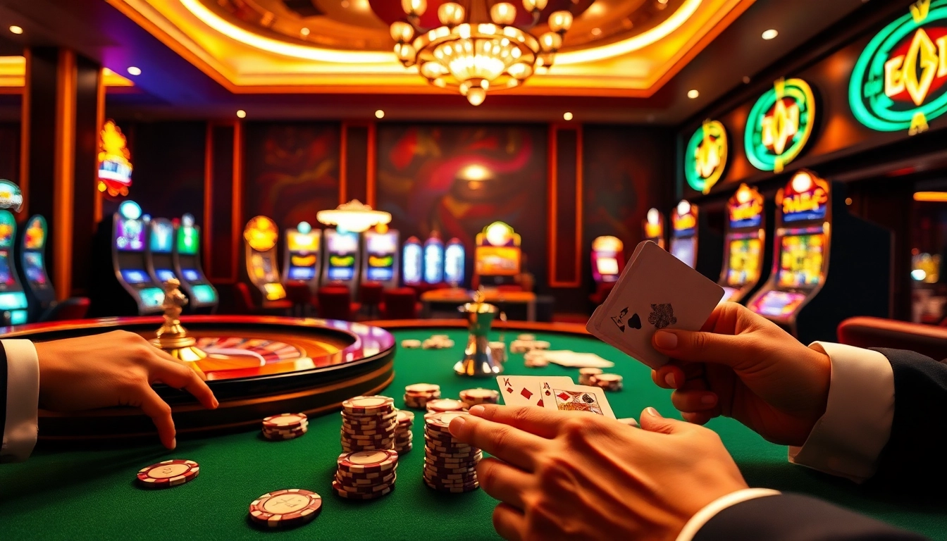Experience the thrill of gambling with KK55 in a vibrant casino scene featuring roulette and poker.