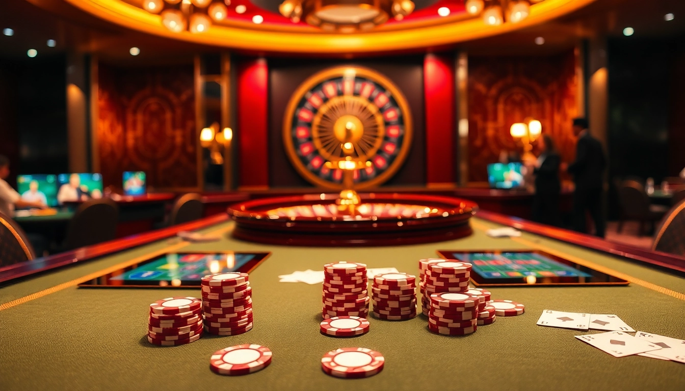 Playing poker at a luxurious casino table displaying xin88 com features an immersive gaming experience.