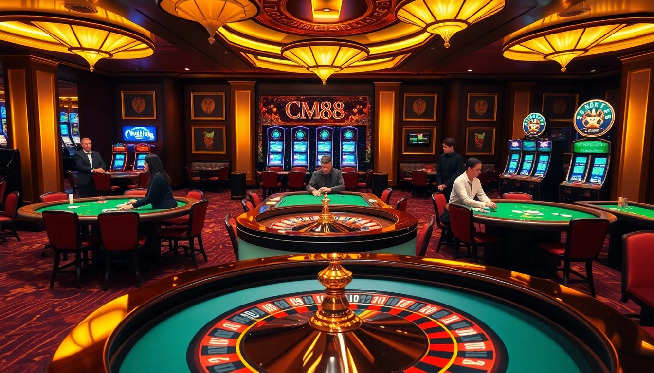 Exciting CM88 casino scene featuring vibrant tables and players enjoying games.