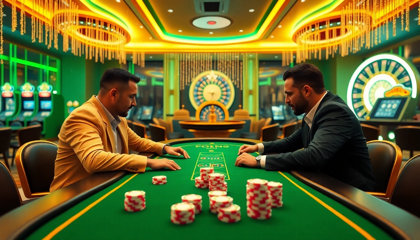 Engaging players at a vibrant VVJL online casino poker table with chips and neon lights.