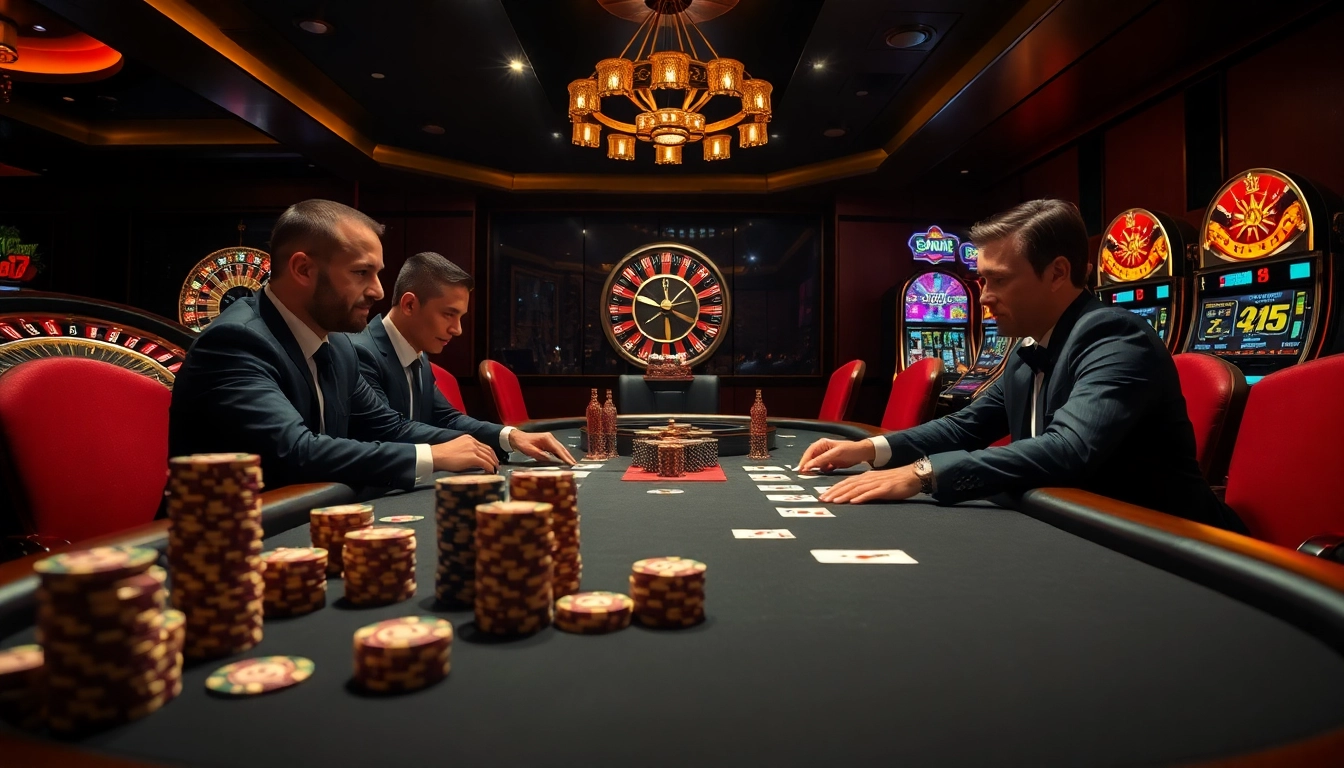 Experience the excitement of fun79 with professionals playing poker at an elegant casino.