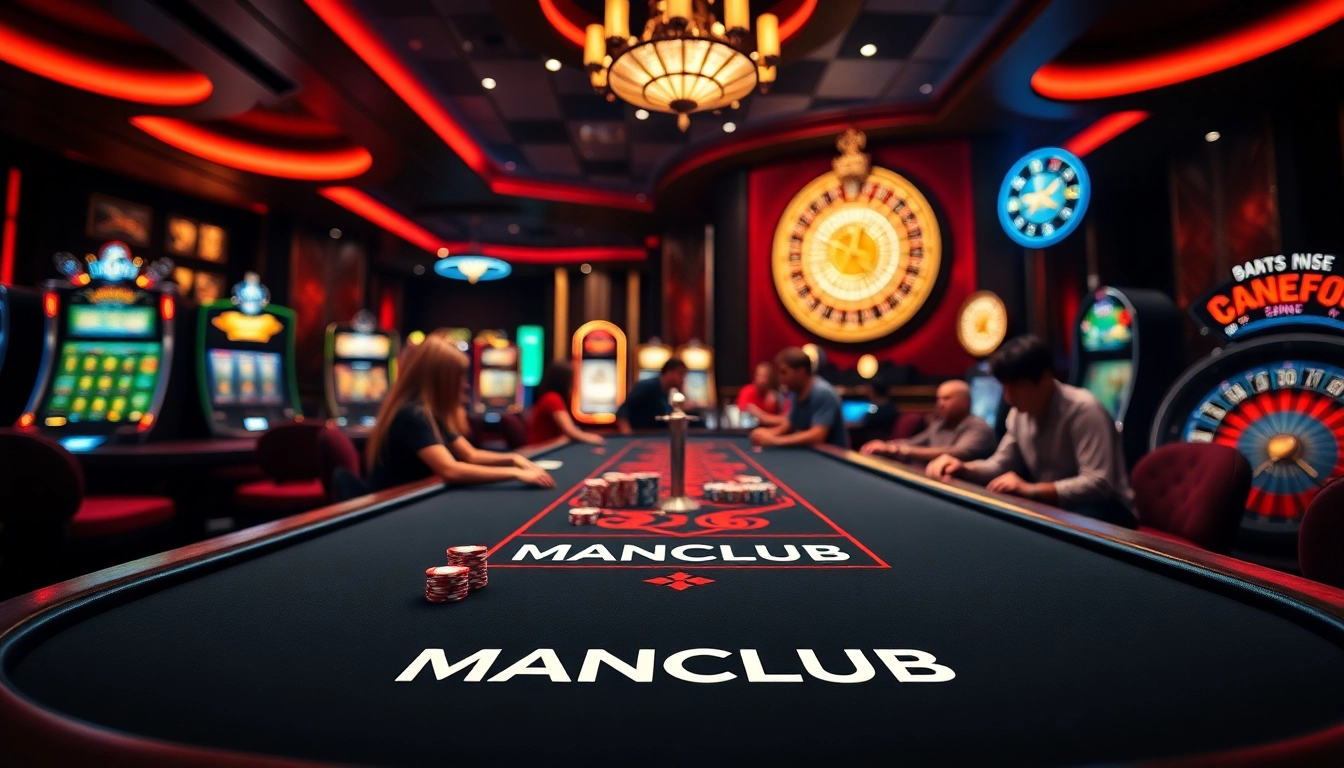 Engaging players at a MANCLUB casino table with vibrant chips and slot machines.