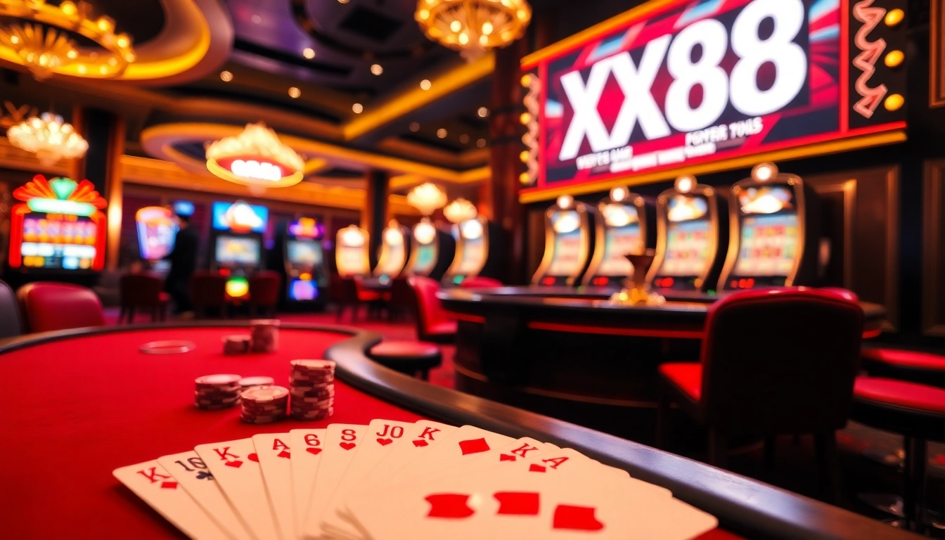 Play XX88 at a luxurious casino with poker chips, cards, and vibrant slot machines.