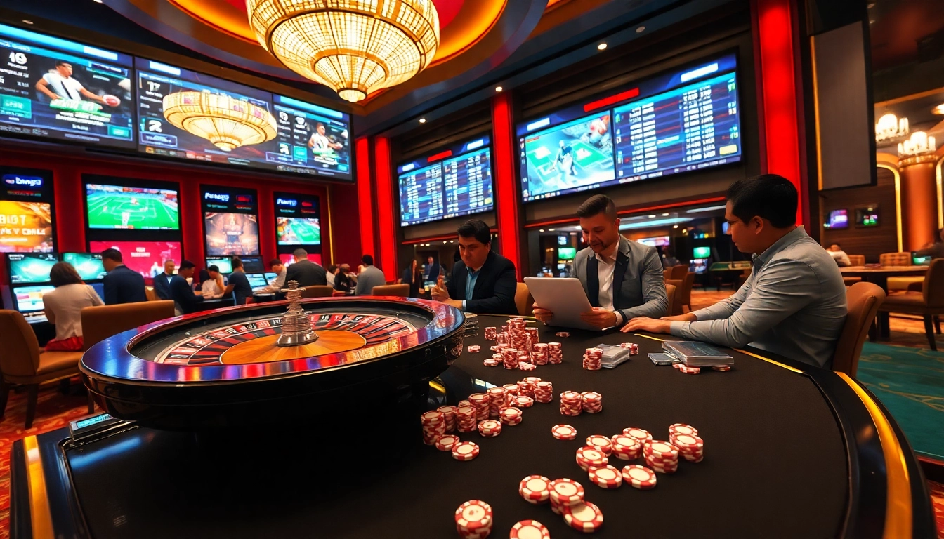 Experience the thrill of betting on bong99 with vibrant visuals of casino action and players engaged.