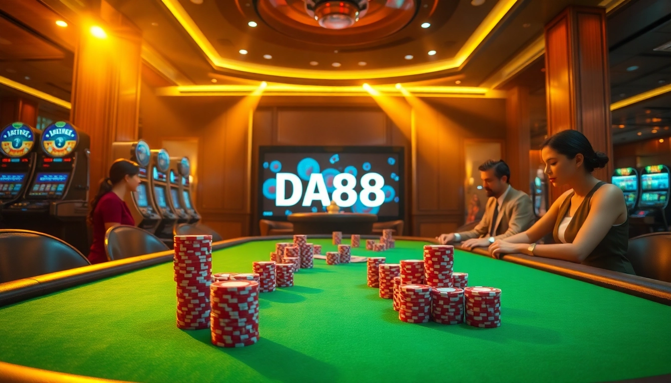 Players engaging in a high-stakes poker game at DA88 in a luxurious casino setting.