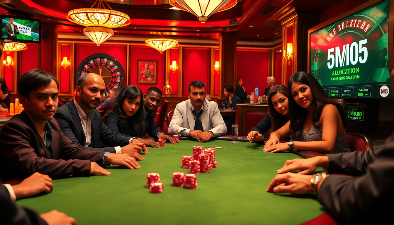 Intense poker game showcasing 5MB platform, luxurious casino ambiance with chips and roulette.
