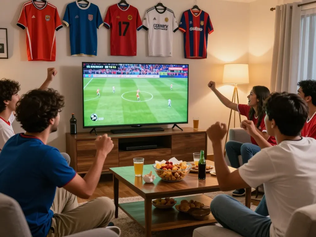 Cà Khịa TV soccer fans enjoying a live match in a lively living room.