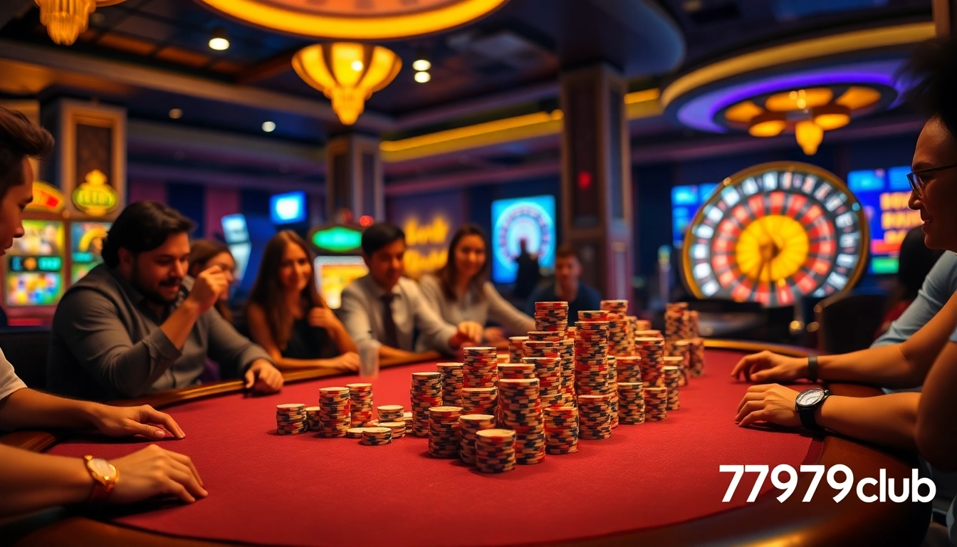 Players enjoying a lively poker game at 789club casino, with vibrant chips and a roulette wheel in the background.