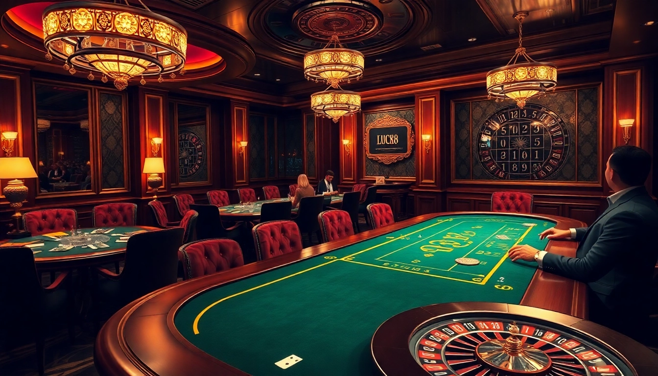 Experience the thrill of LUCK8 poker night with engaging players and vibrant casino decor.