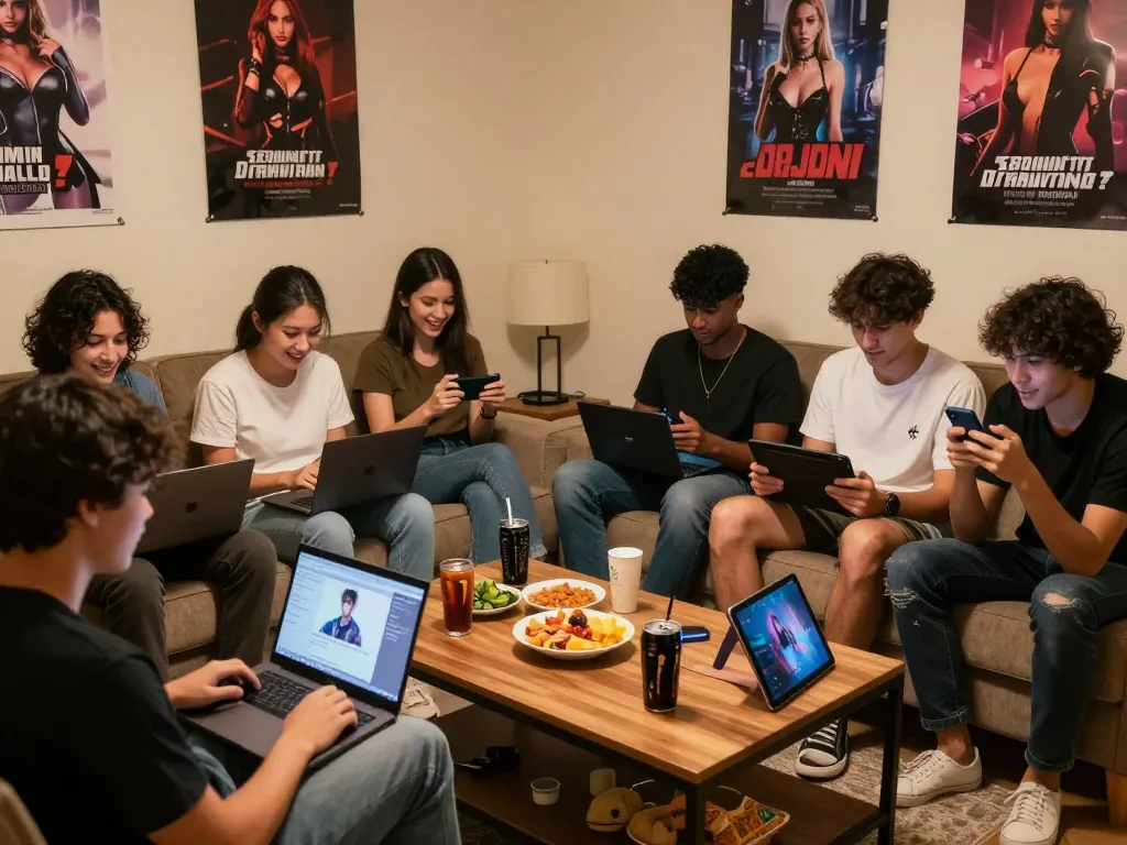 Friends enjoying a gaming night with porngame visuals and devices in a cozy setting.