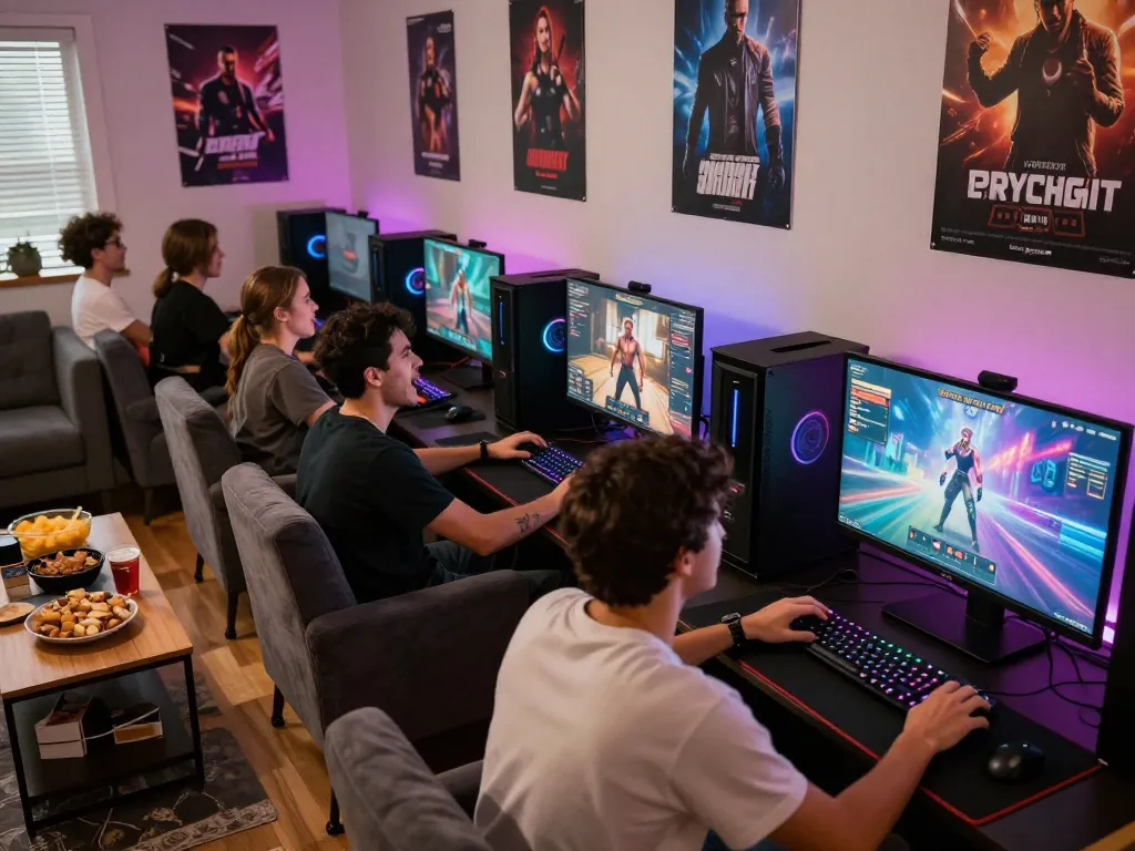 Friends enjoying real porn games in a vibrant gaming setting with exciting visuals.