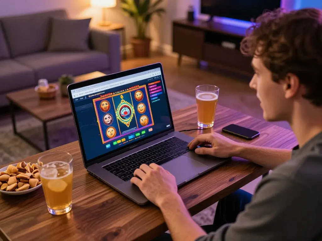 Kuwin789 player engaged in exciting online gaming, showcasing vibrant slot games on a laptop in a cozy living room.
