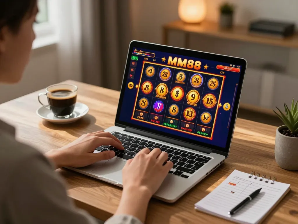 Engaging MM88 slot game displayed on a laptop during a cozy online casino session at home.
