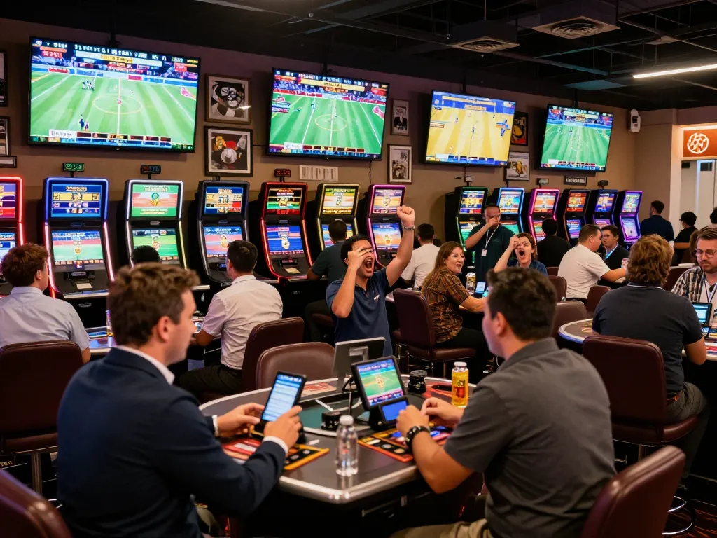 A vibrant sports betting scene featuring patrons actively placing bets and checking Kèo nhà cái updates on mobile devices.