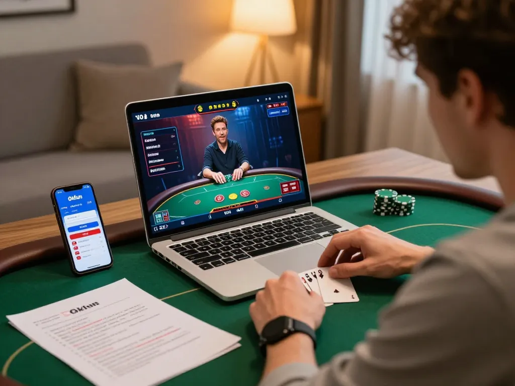Engaging poker gameplay on Okfun app with a player in a cozy home setup.