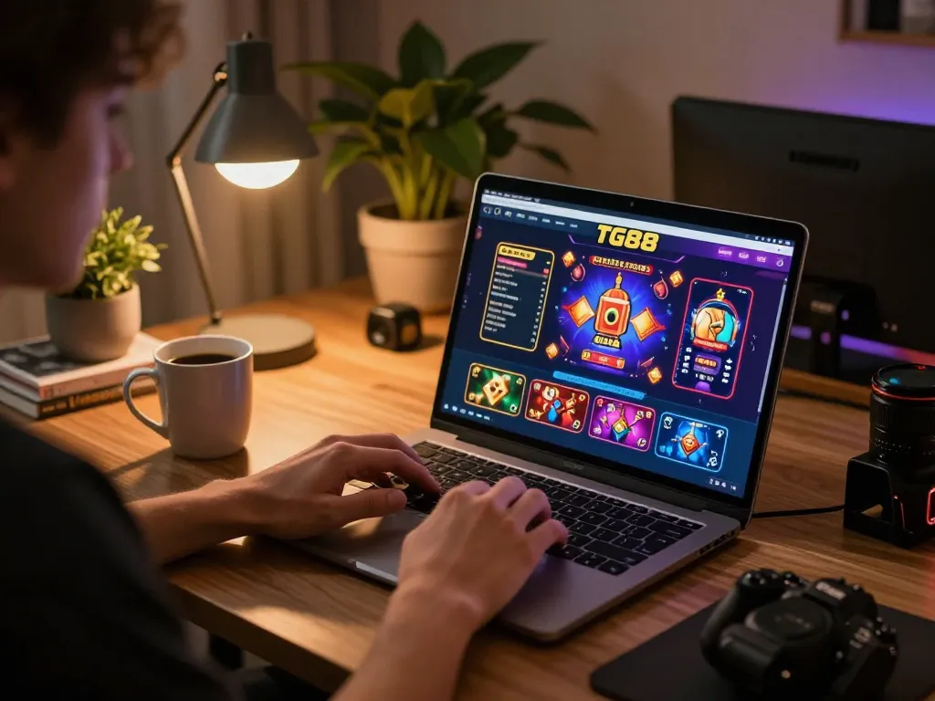 Engaging with tg88 casino interface on a laptop in cozy home workspace.