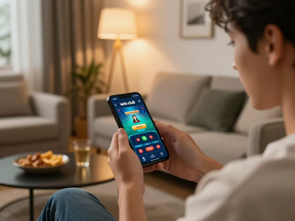 Player engaging with the iwinclub app for online betting in a cozy living room setting