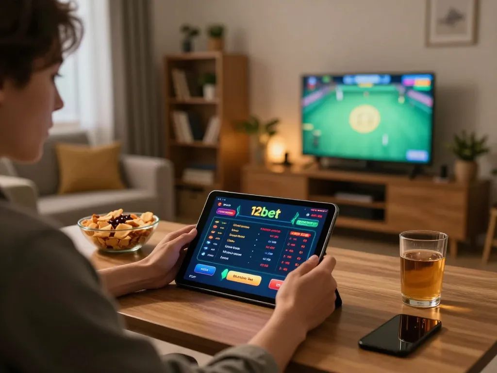 Trải nghiệm trò chơi trực tuyến với 12bet trong không gian ấm cúng tại gia, với màn hình máy tính bảng hiển thị các tùy chọn cá cược.