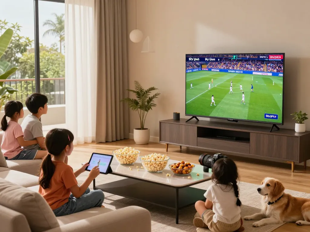Enjoying family time with Sky glass IPTV streaming live sports in a modern living room.