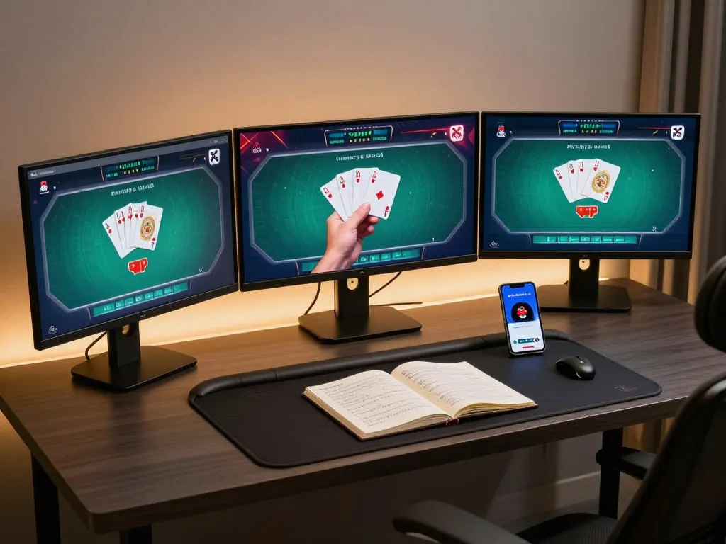 F168 online poker table setup with multiple screens and strategic notes for ultimate gameplay.